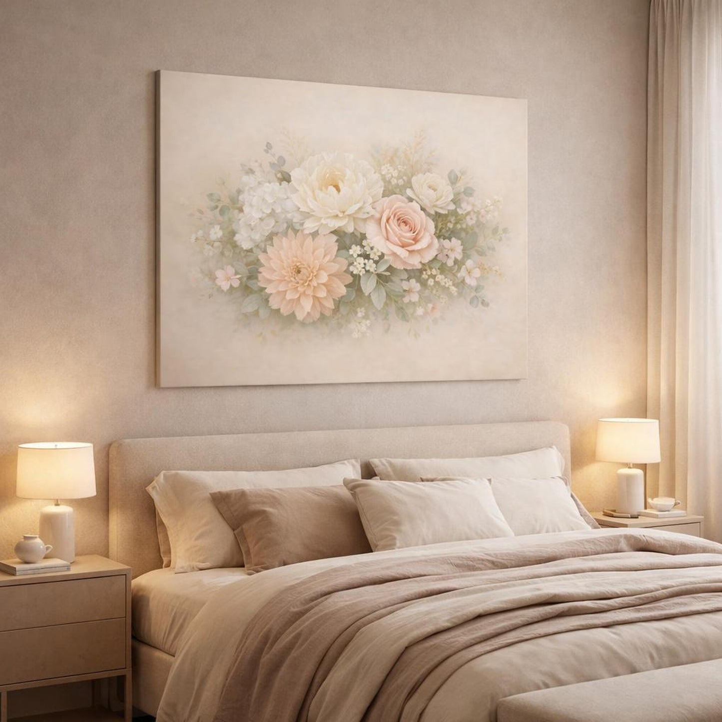 Refined Texture Soft Flowers shown as canvas wall art in a luxury bedroom