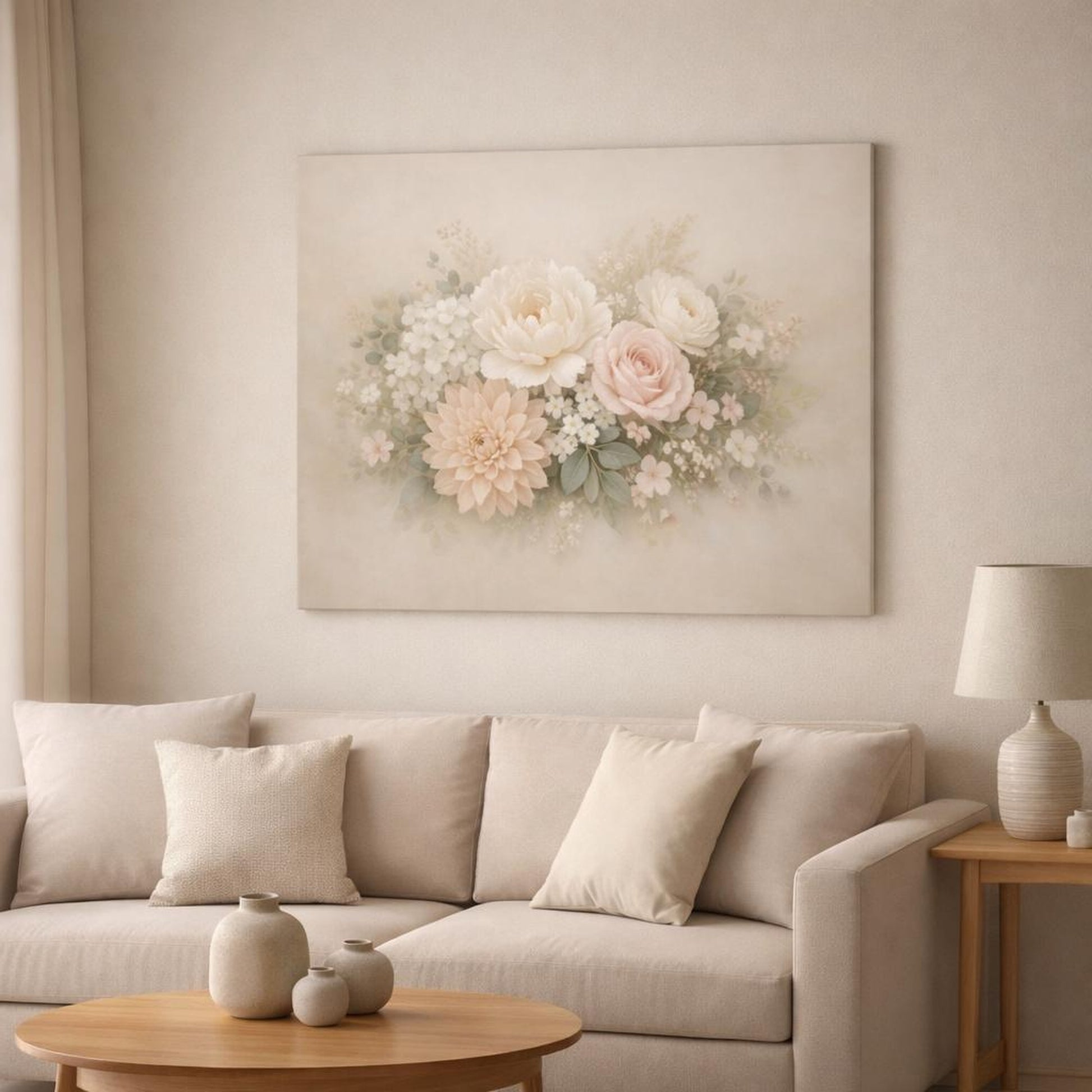 Refined Texture Soft Flowers shown as canvas wall art in a modern living room