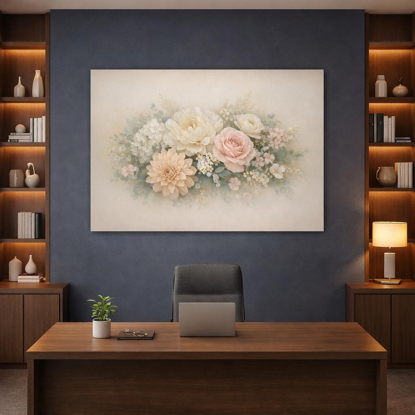 Refined Texture Soft Flowers shown as canvas wall art in a refined dining room