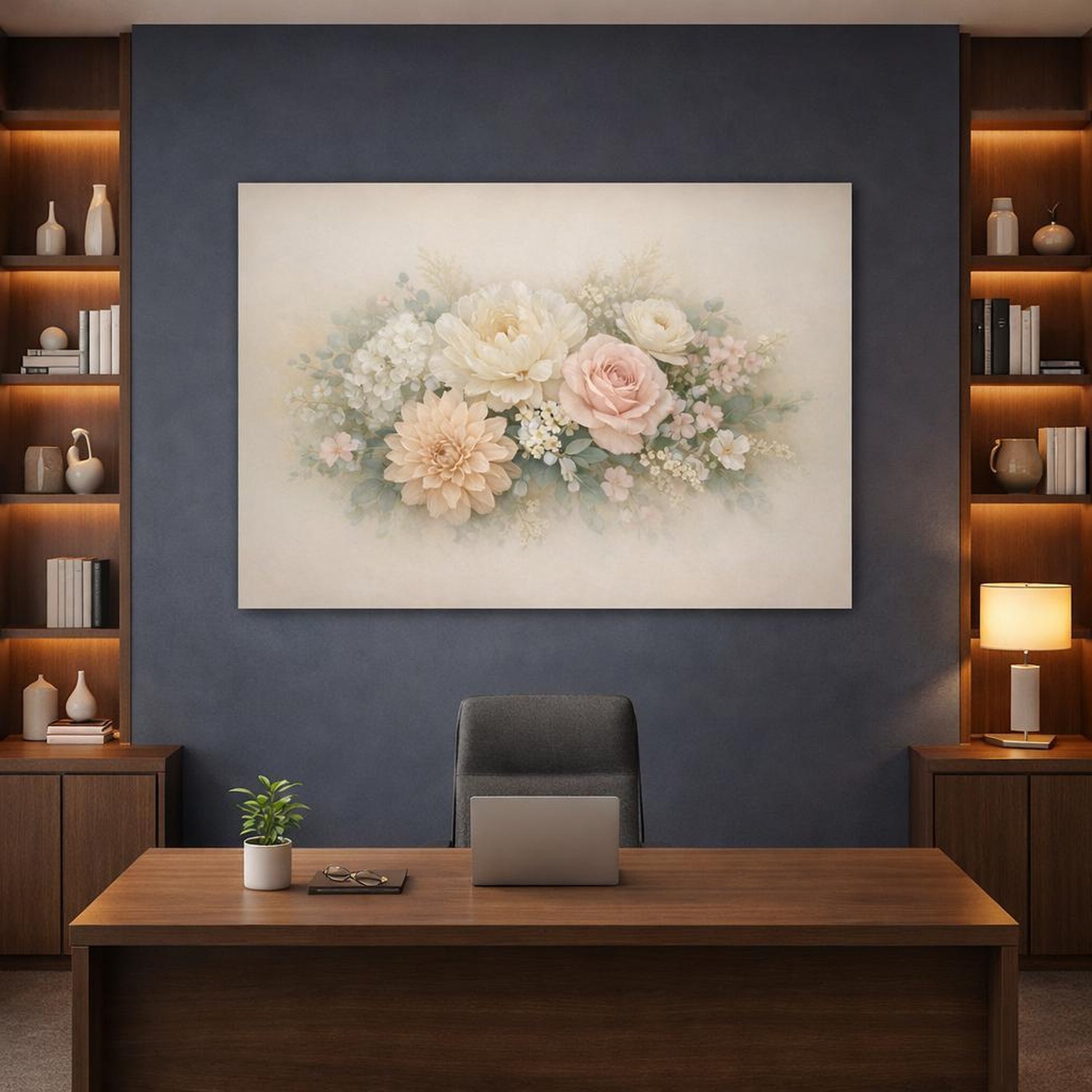 Refined Texture Soft Flowers shown as canvas wall art in a refined dining room