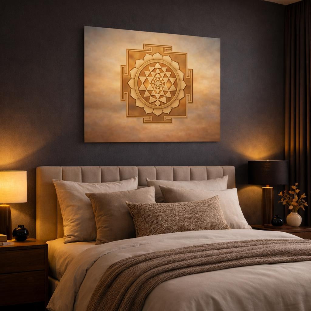 Refined Texture Sri Yantra Geometry shown as canvas wall art in a luxury bedroom