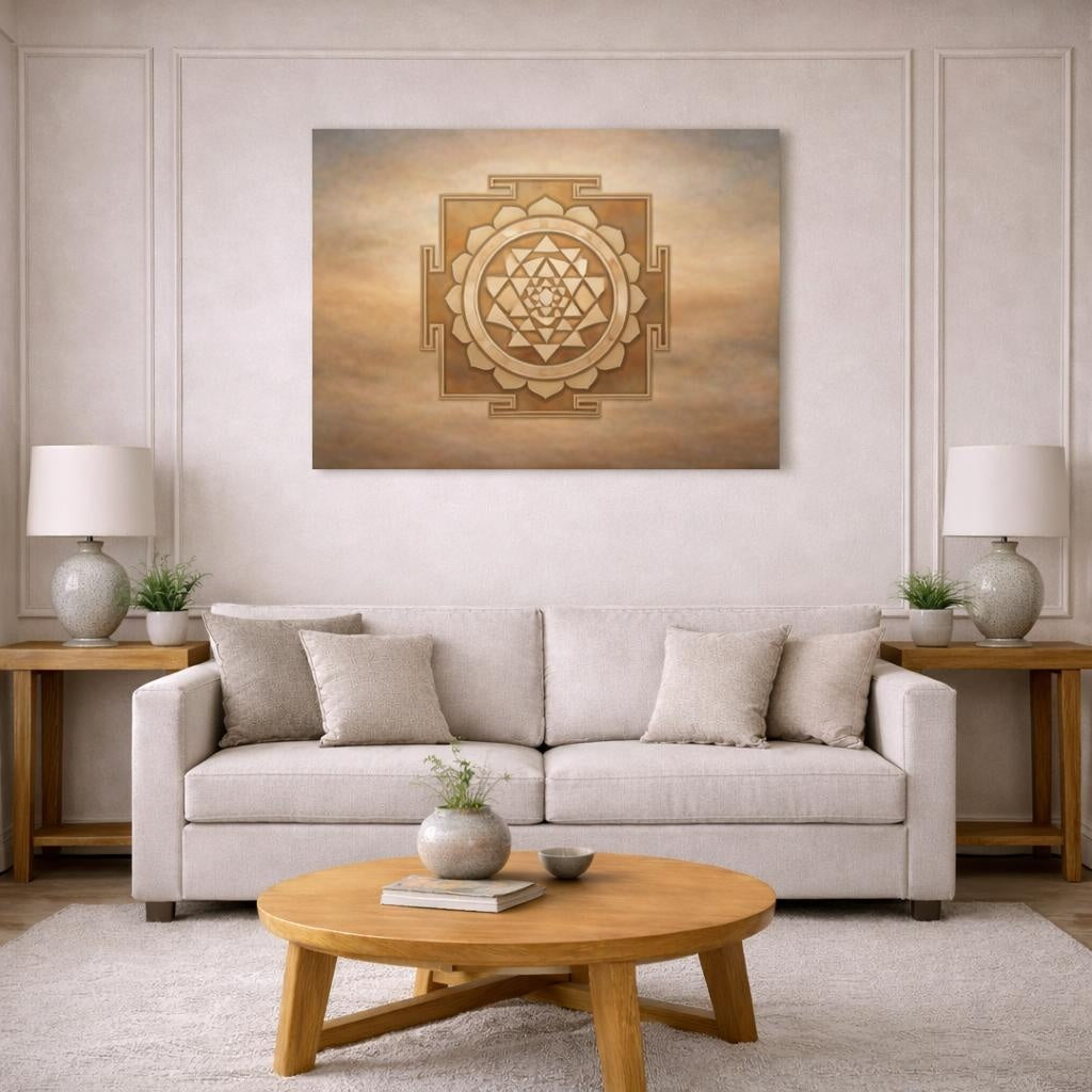Refined Texture Sri Yantra Geometry shown as canvas wall art in a modern living room