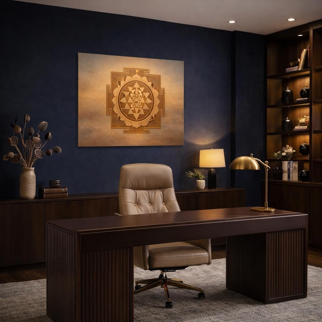 Refined Texture Sri Yantra Geometry shown as canvas wall art in a refined dining room