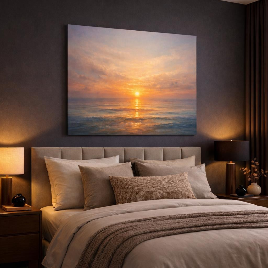 Refined Texture Sunset Ocean shown as canvas wall art in a luxury bedroom