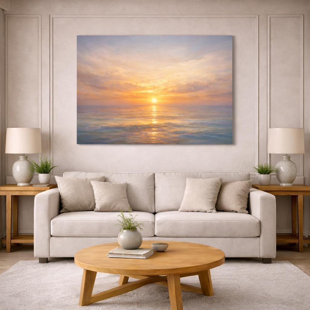Refined Texture Sunset Ocean shown as canvas wall art in a modern living room