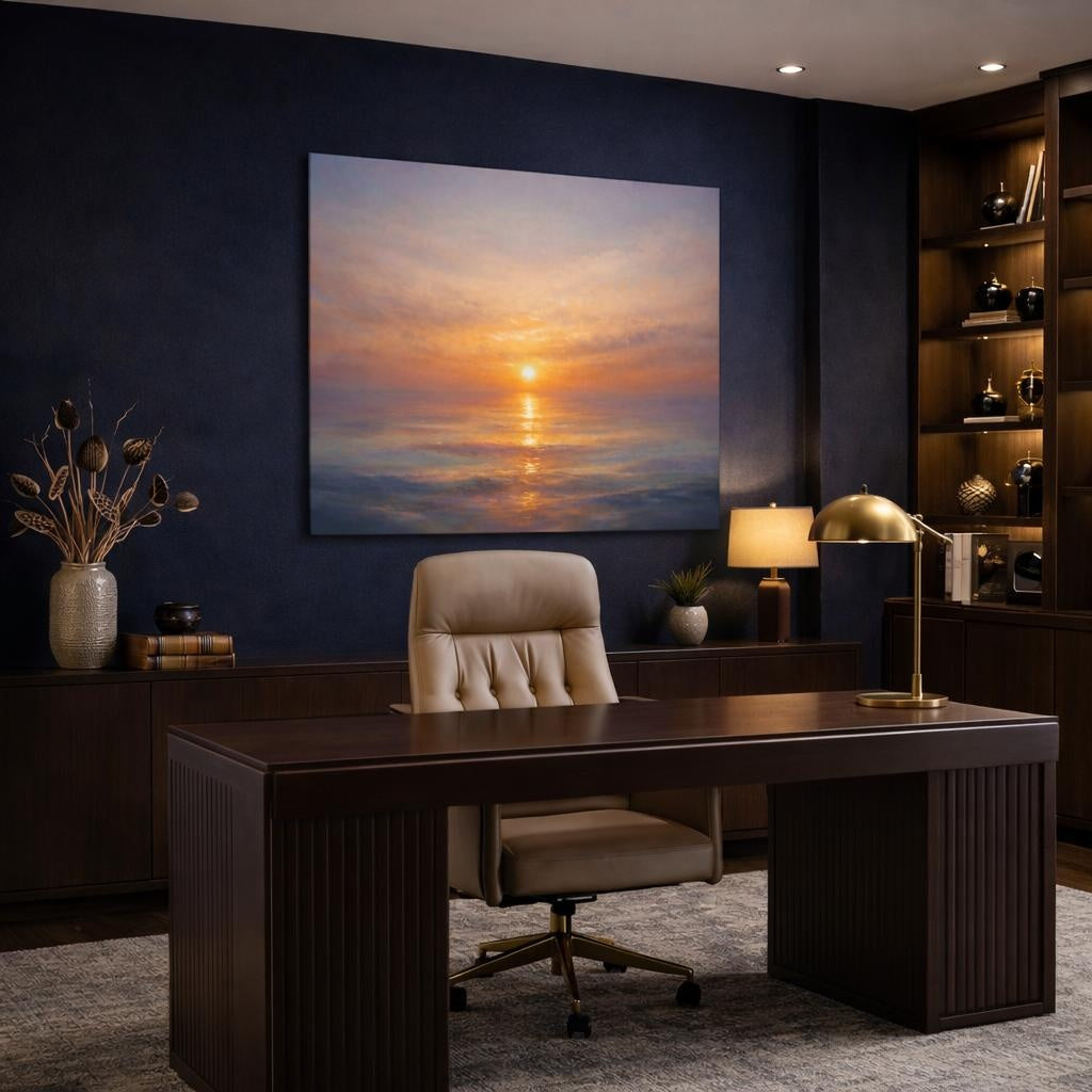 Refined Texture Sunset Ocean shown as canvas wall art in a luxury executive office