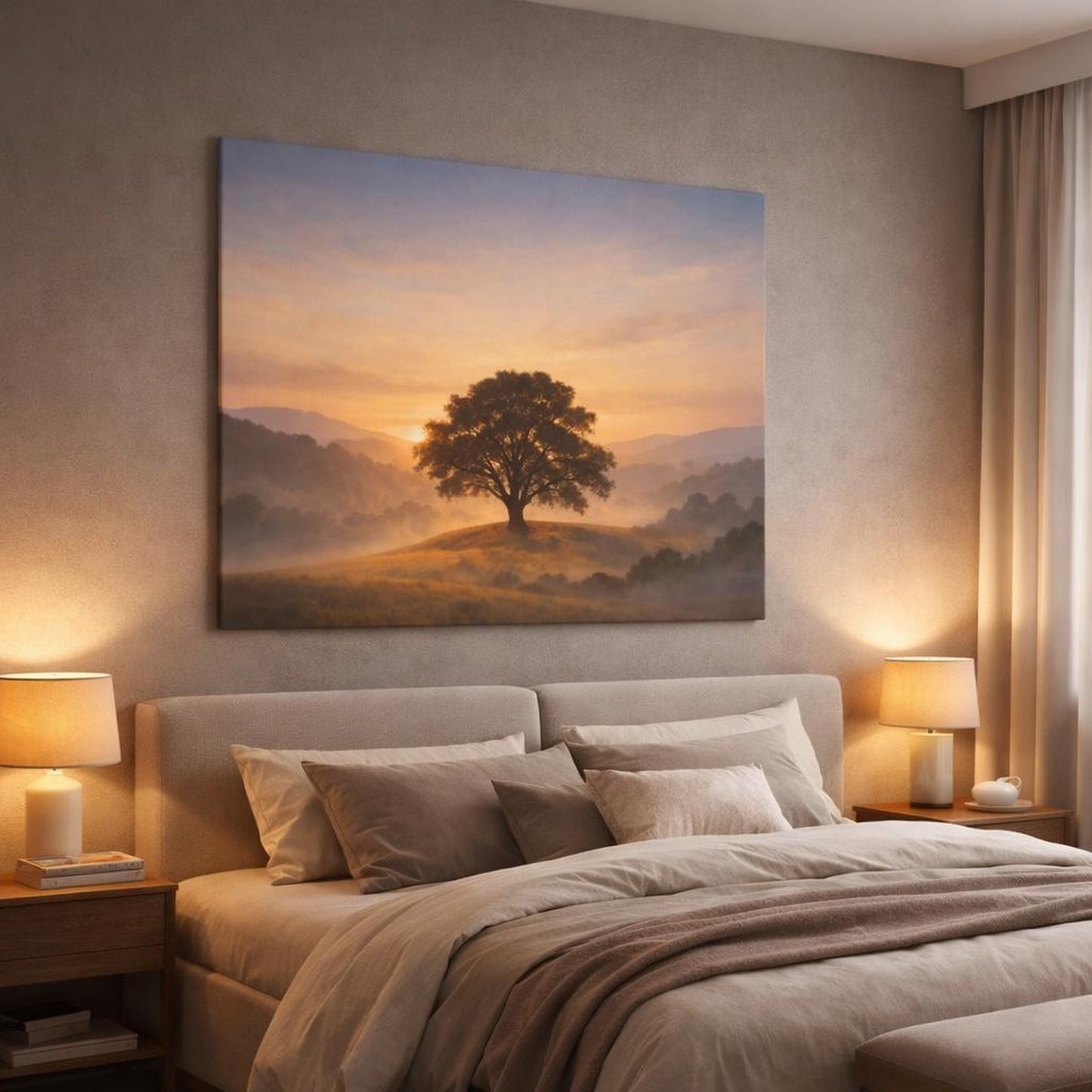 Refined Texture Trees Hills shown as canvas wall art in a luxury bedroom