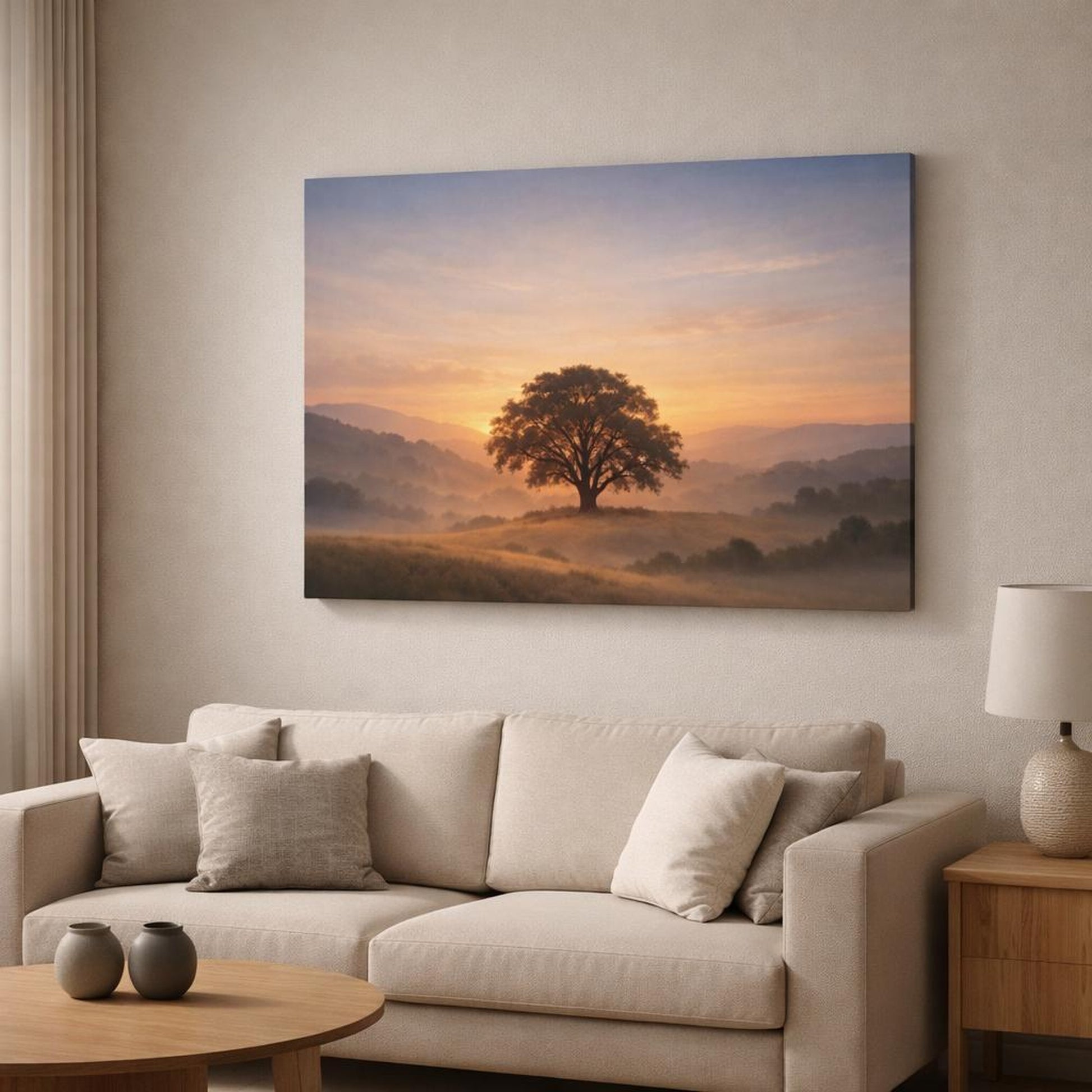 Refined Texture Trees Hills shown as canvas wall art in a modern living room