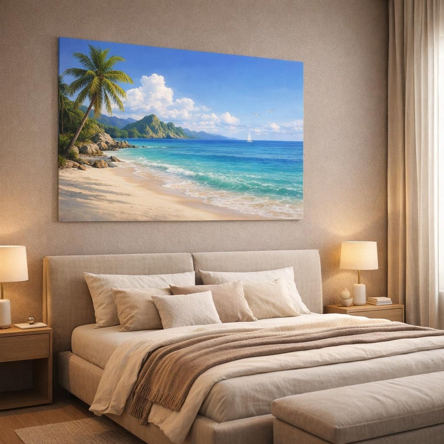 Refined Texture Tropical Beach shown as canvas wall art in a luxury bedroom