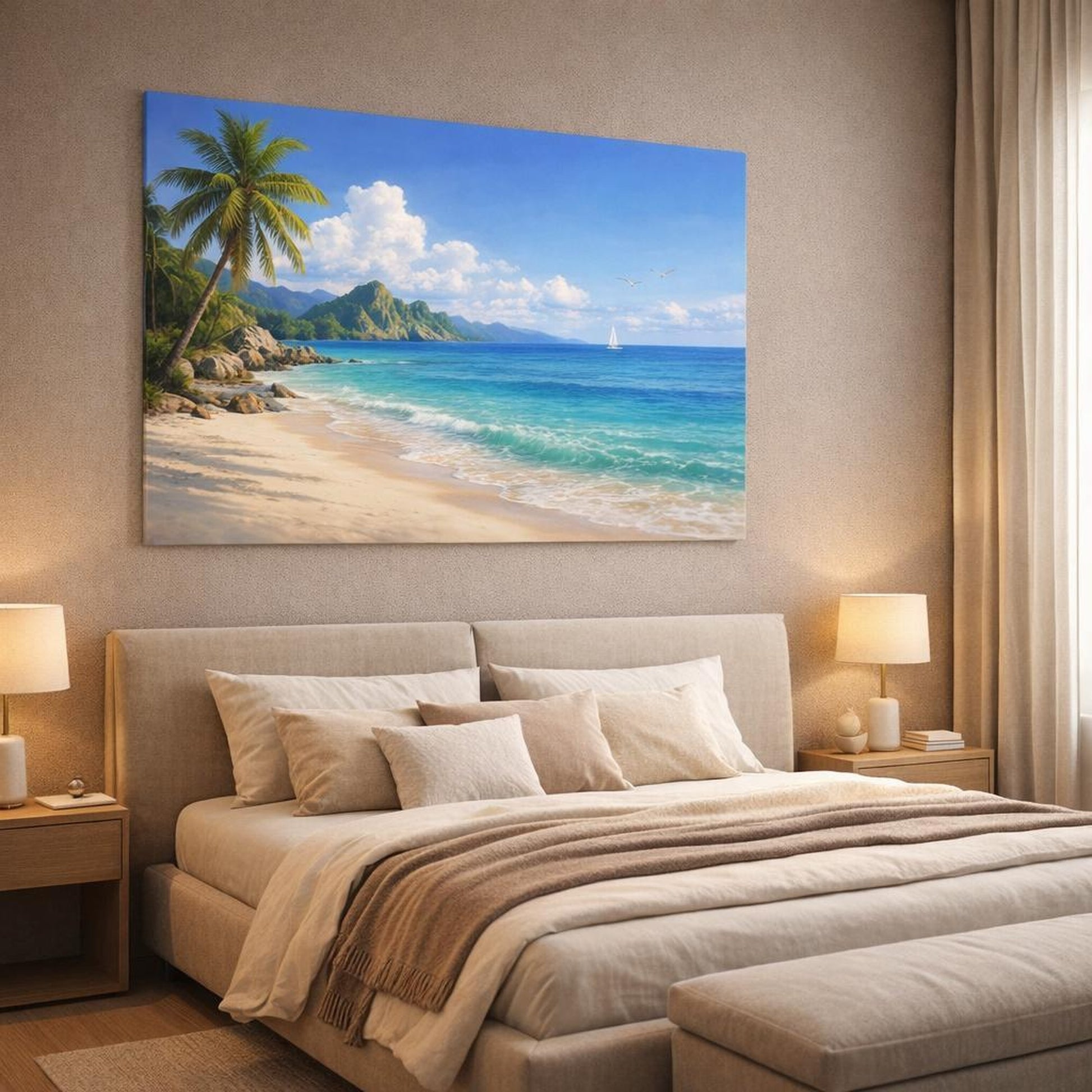 Refined Texture Tropical Beach shown as canvas wall art in a luxury bedroom