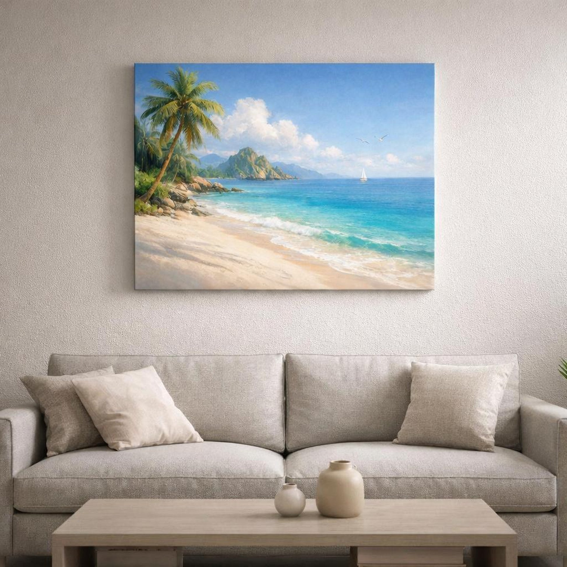 Refined Texture Tropical Beach shown as canvas wall art in a refined dining room