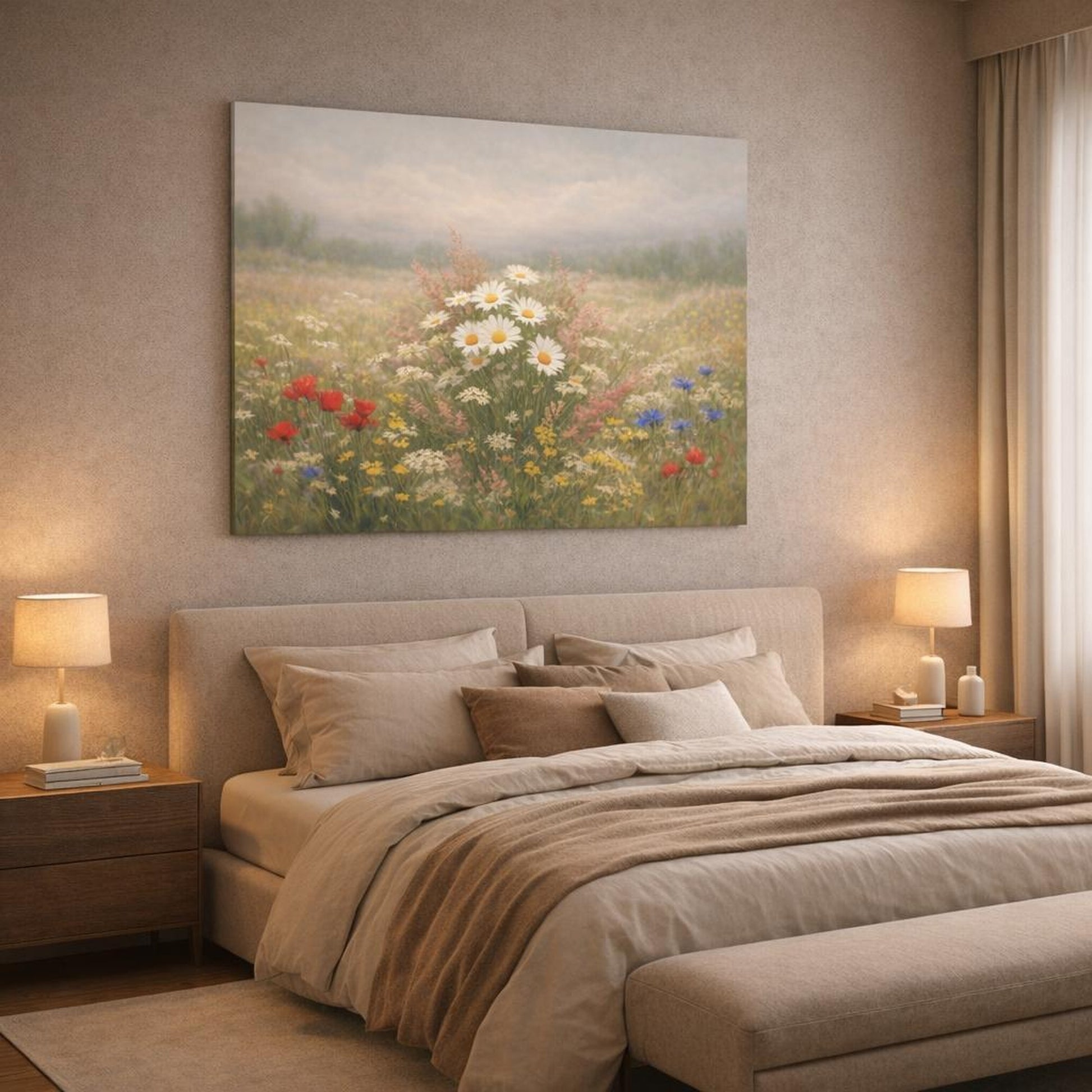 Refined Texture Wild Flowers shown as canvas wall art in a luxury bedroom