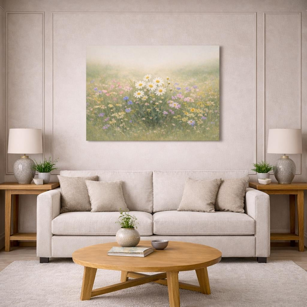 Refined Texture Wildflowers shown as canvas wall art in a modern living room