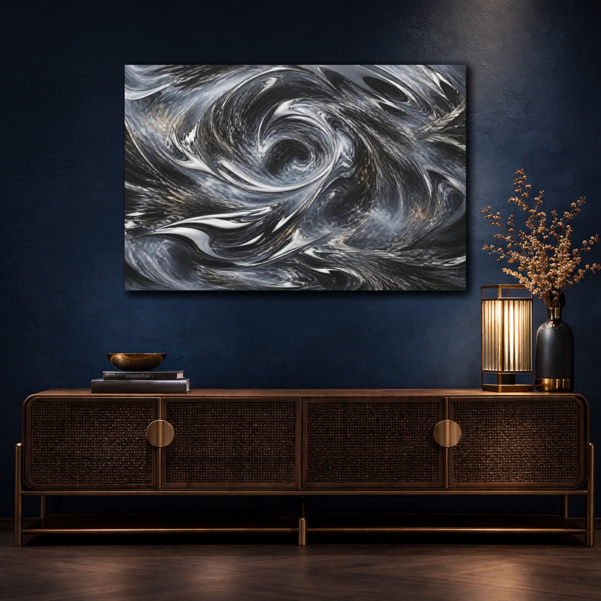 Mockup 4. Reflective Chrome Vortex shown as canvas print