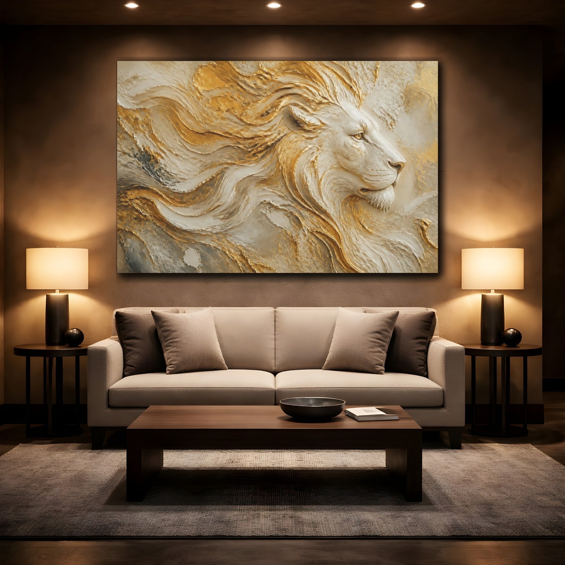 Mockup 2. Regal Gold Lion Relief shown as canvas print