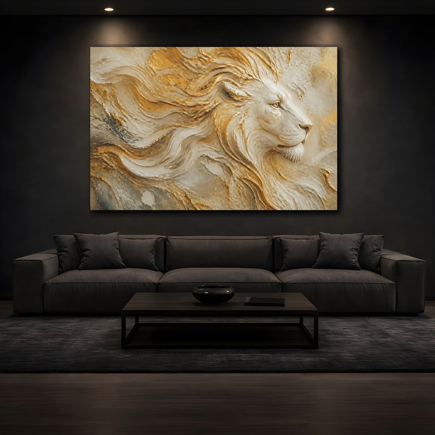 Mockup 3. Regal Gold Lion Relief shown as canvas print