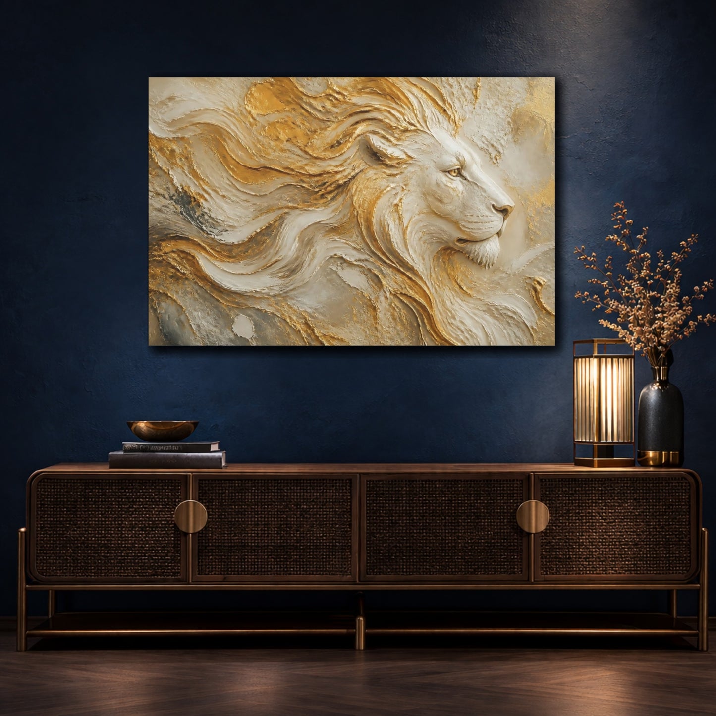 Mockup 4. Regal Gold Lion Relief shown as canvas print