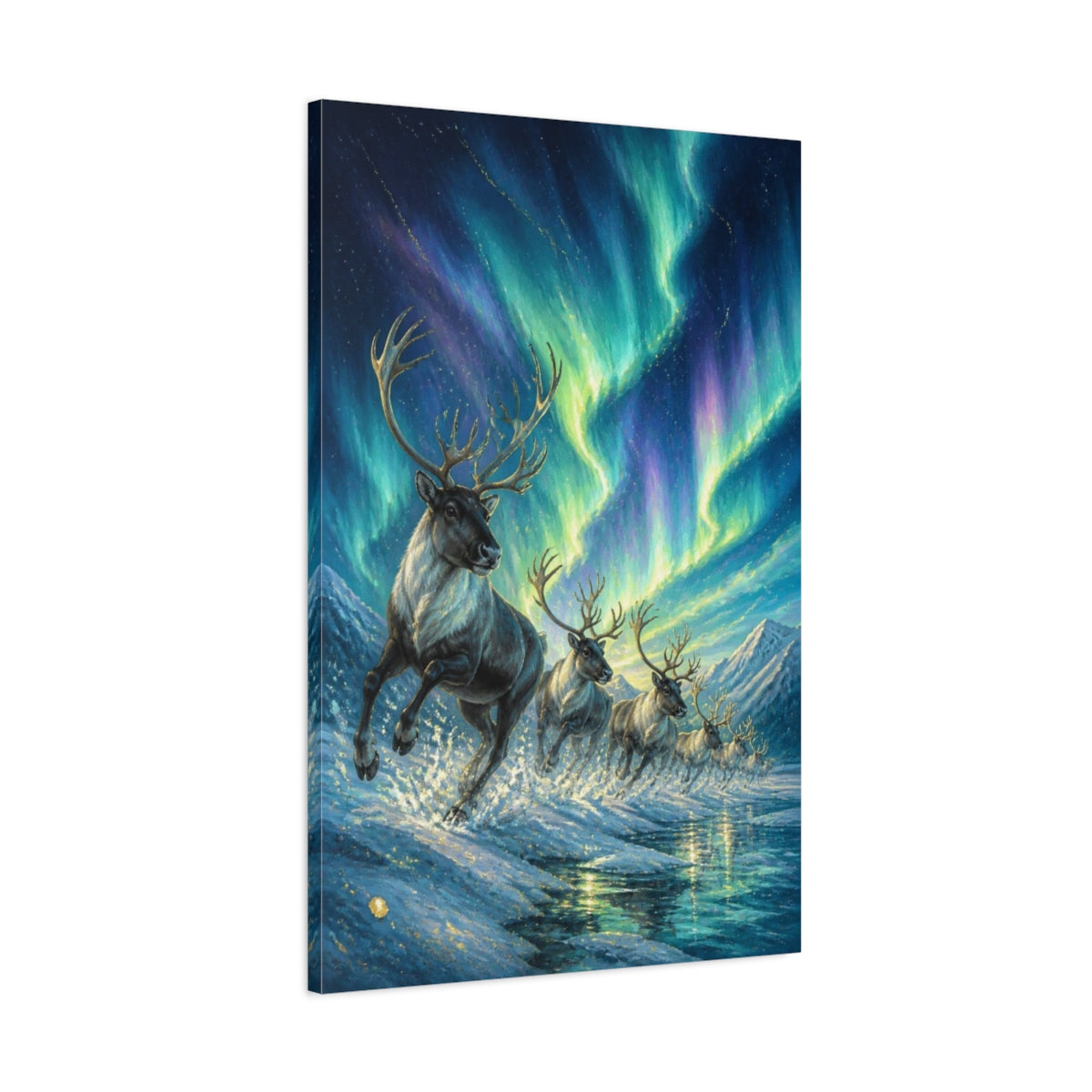 Main Mockup. Reindeer Animals Beneath Aurora shown as canvas print