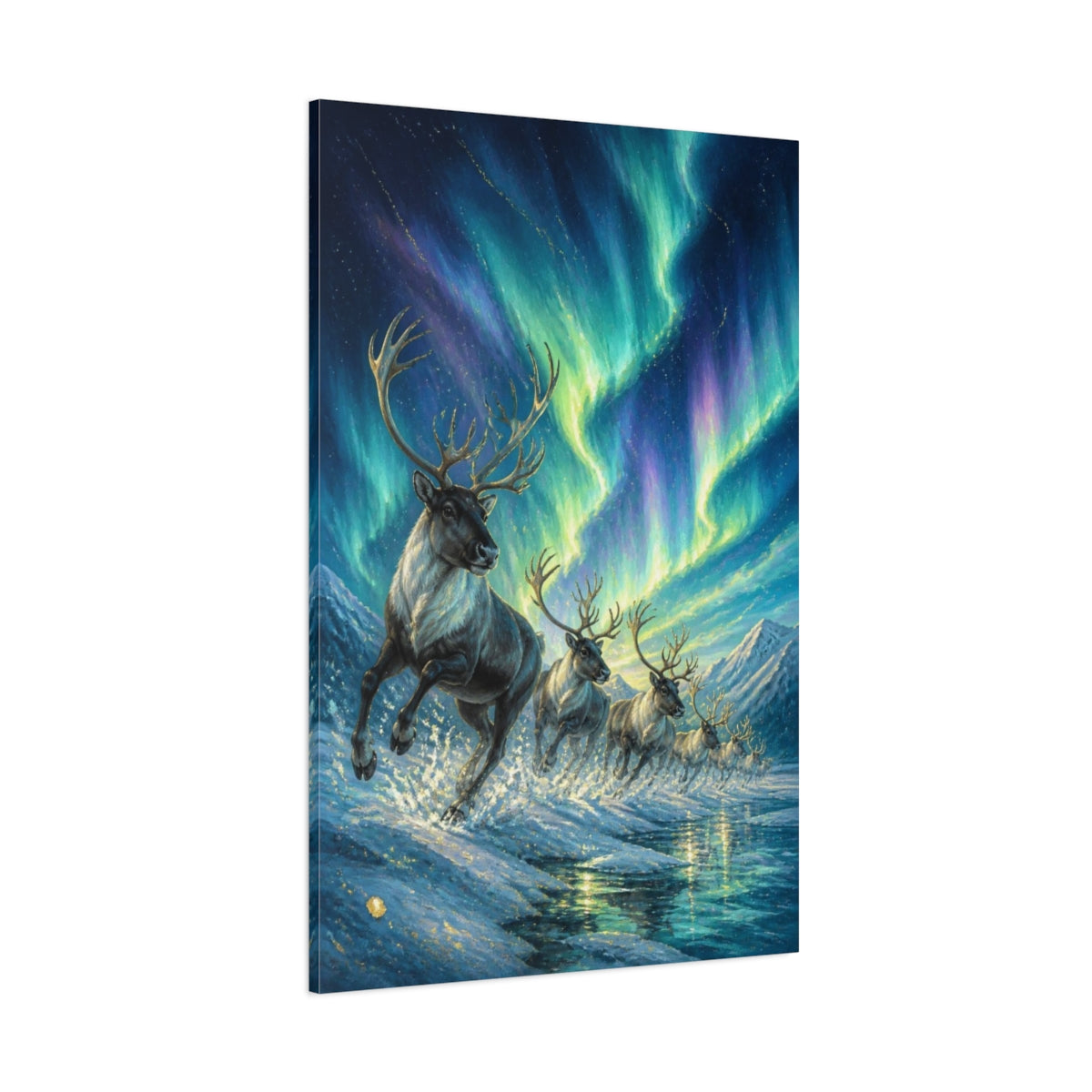 Side Mockup 1. Reindeer Animals Beneath Aurora shown as canvas print