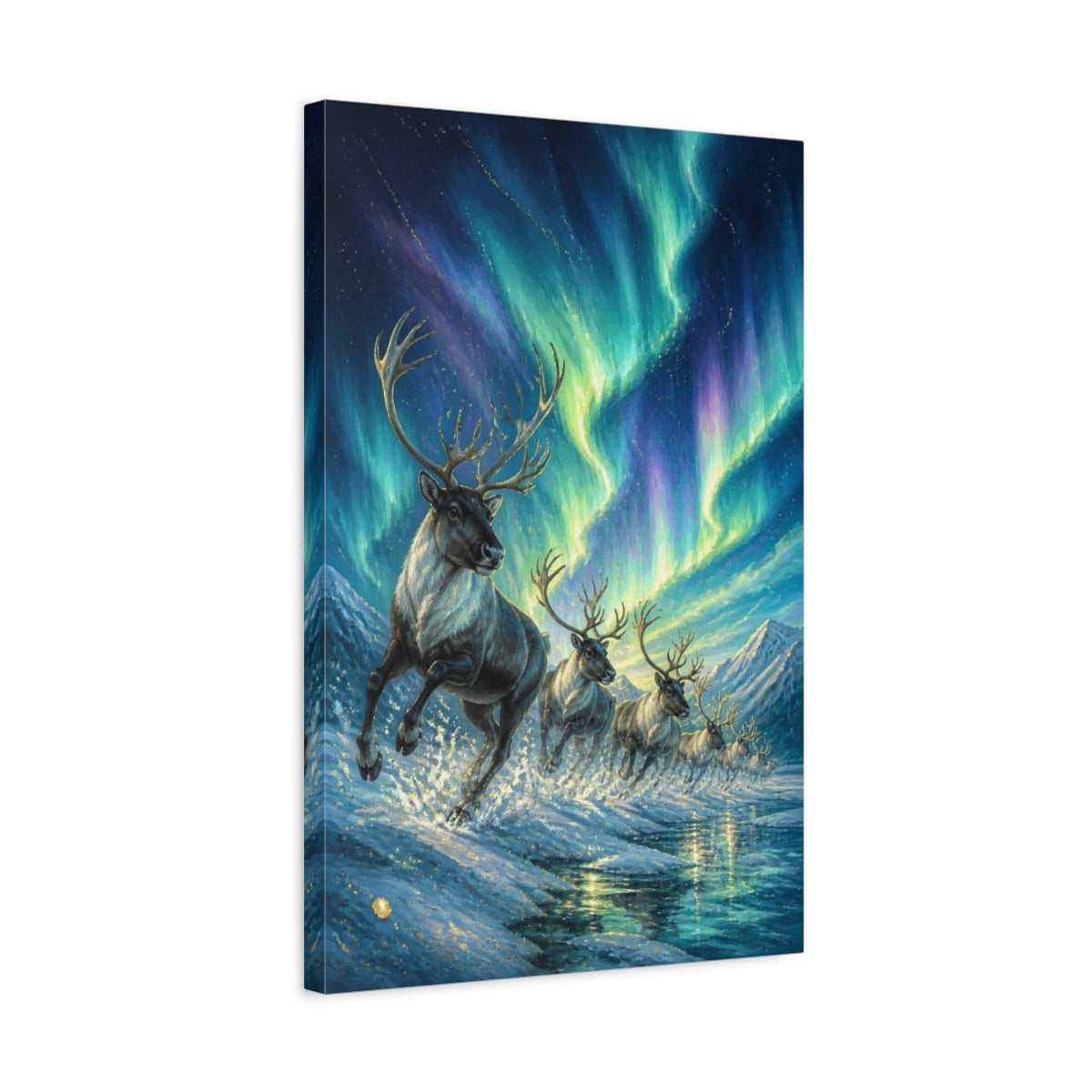 Side Mockup 3. Reindeer Animals Beneath Aurora shown as canvas print