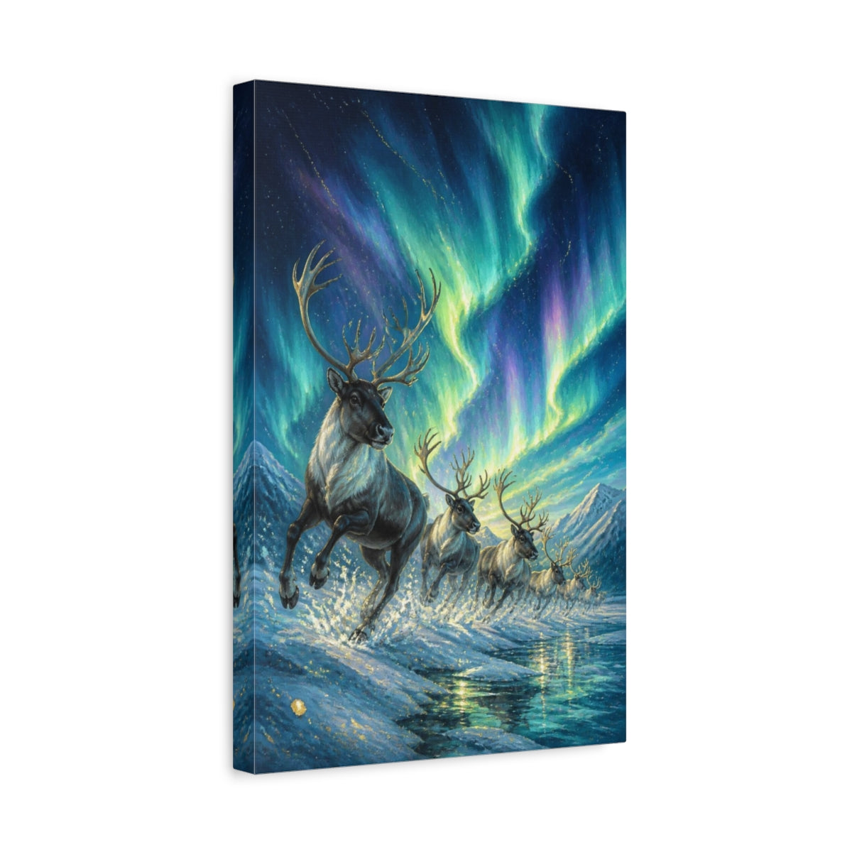 Side Mockup 4. Reindeer Animals Beneath Aurora shown as canvas print