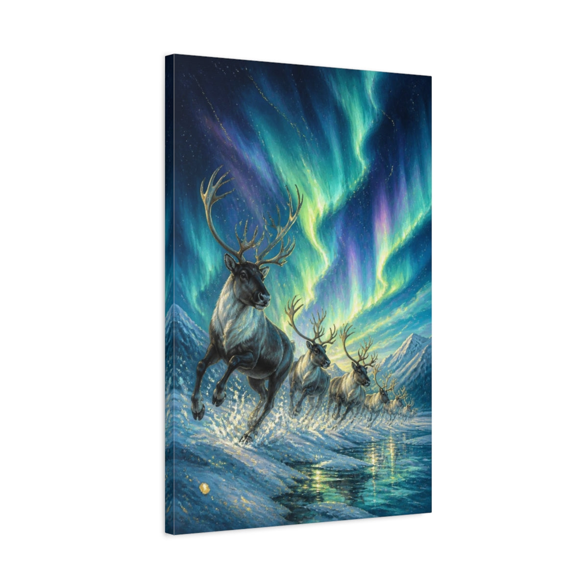 Side Mockup 2. Reindeer Animals Beneath Aurora shown as canvas print
