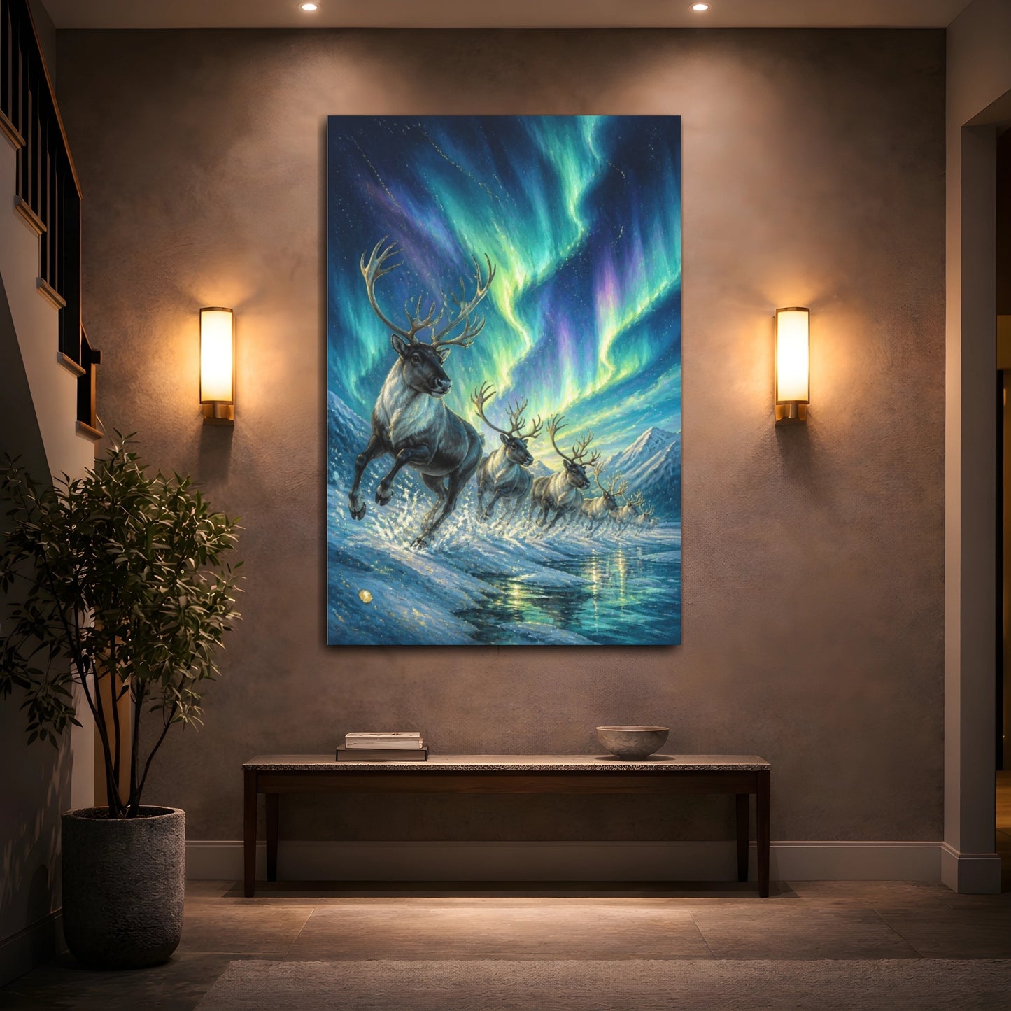Mockup 2. Reindeer Animals Beneath Aurora shown as canvas print