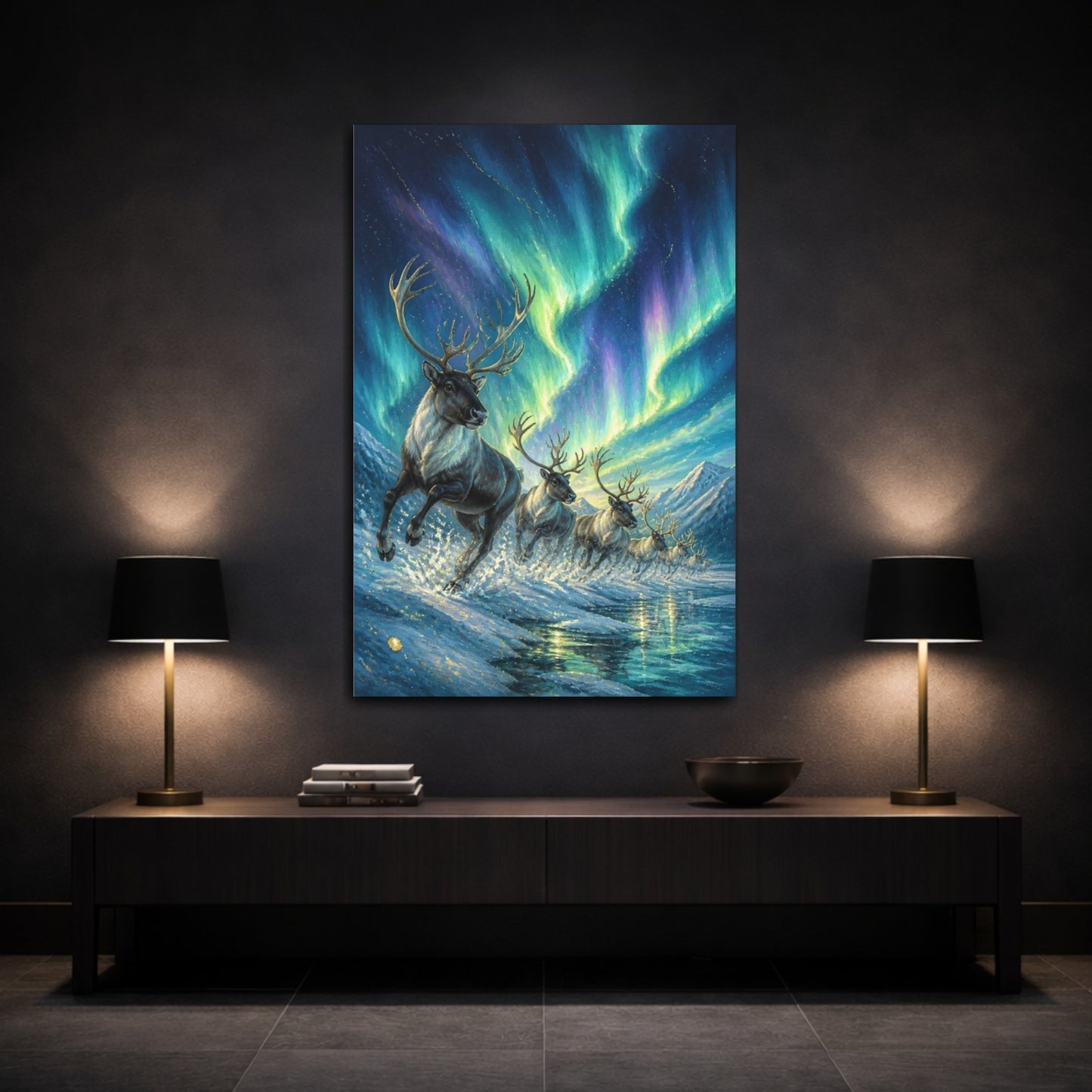 Mockup 3. Reindeer Animals Beneath Aurora shown as canvas print