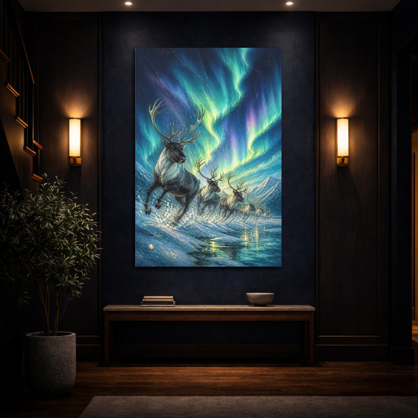 Mockup 4. Reindeer Animals Beneath Aurora shown as canvas print