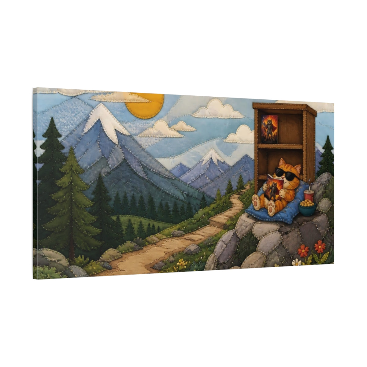 Main Mockup. Relaxing Orange Cat Reading shown as canvas print