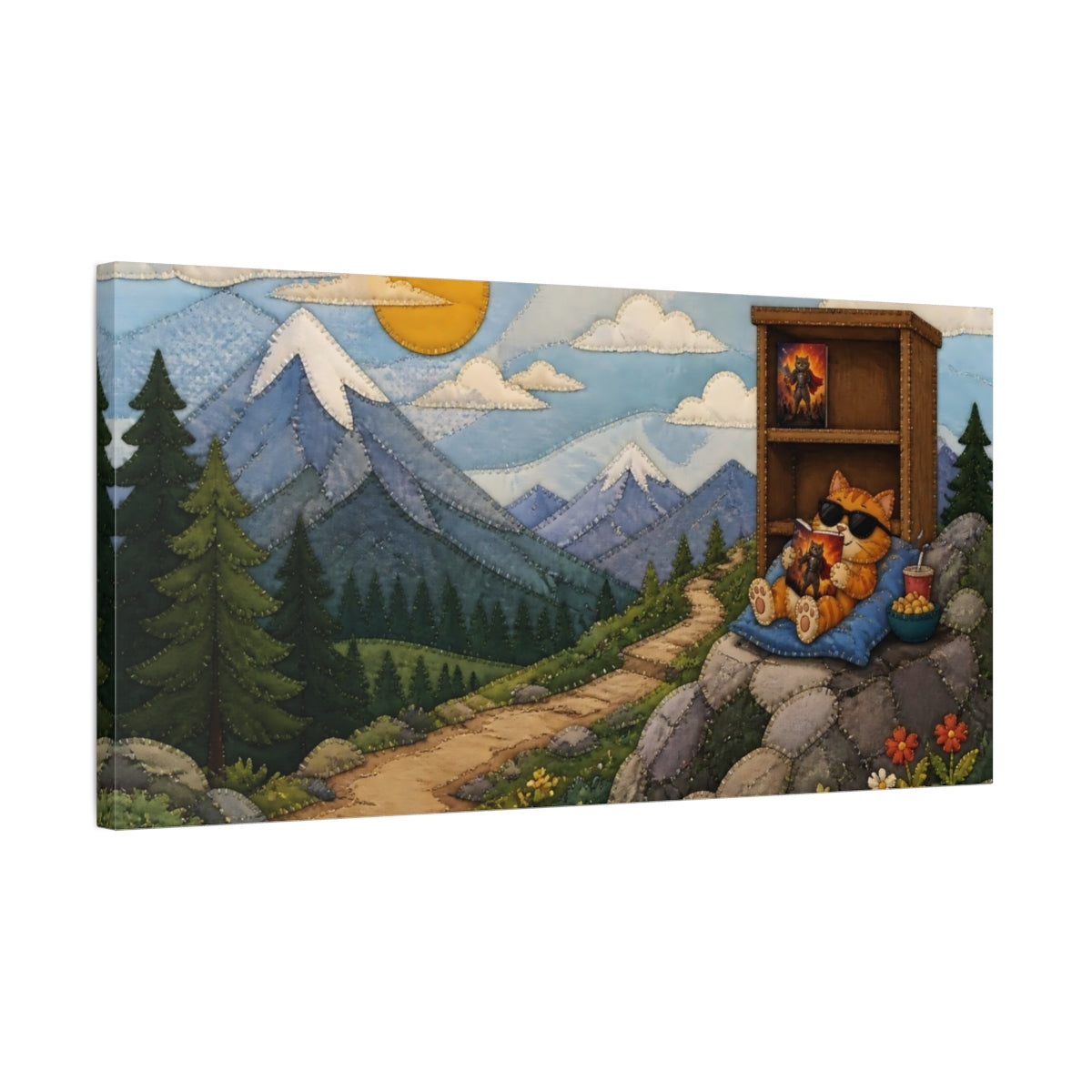 Side Mockup 1. Relaxing Orange Cat Reading shown as canvas print