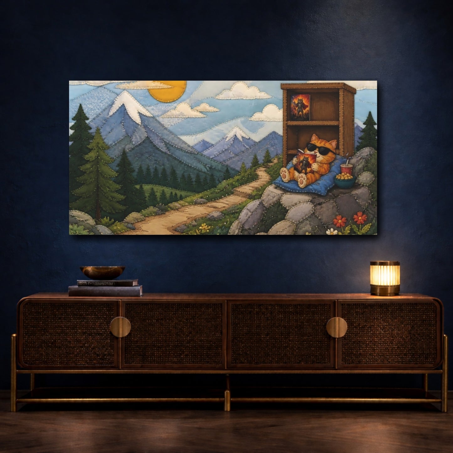 Mockup 4. Relaxing Orange Cat Reading shown as canvas print