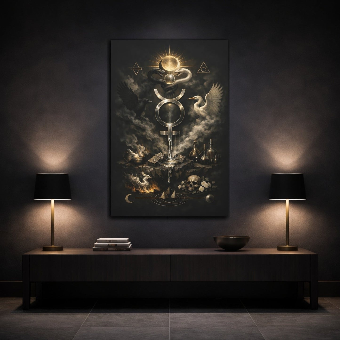 Religious Alchemical Symbol Black And Gold Alchemy - Canvas Wall Art Print - YesArtYes