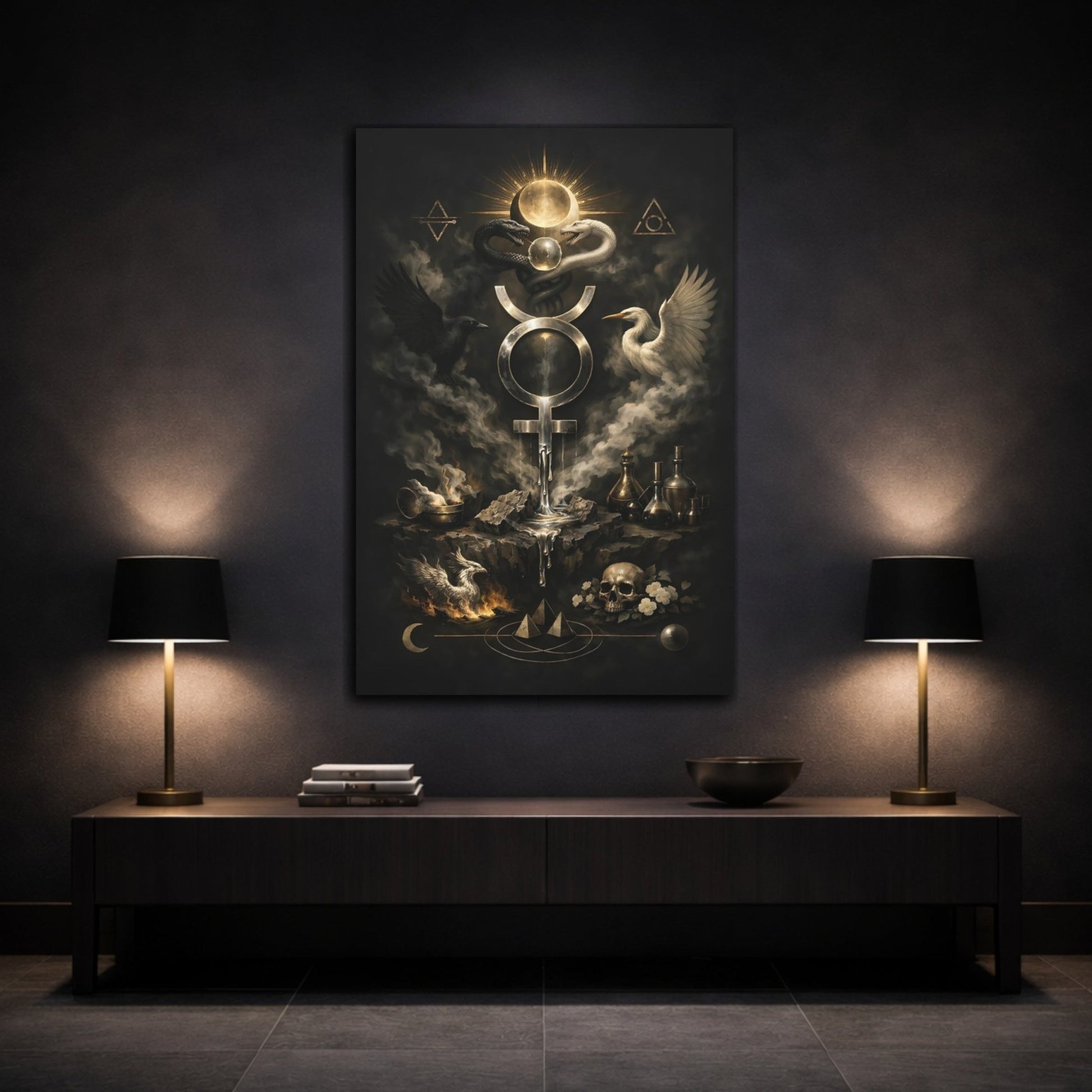 Religious Alchemical Symbol Black And Gold Alchemy - Canvas Wall Art Print - YesArtYes