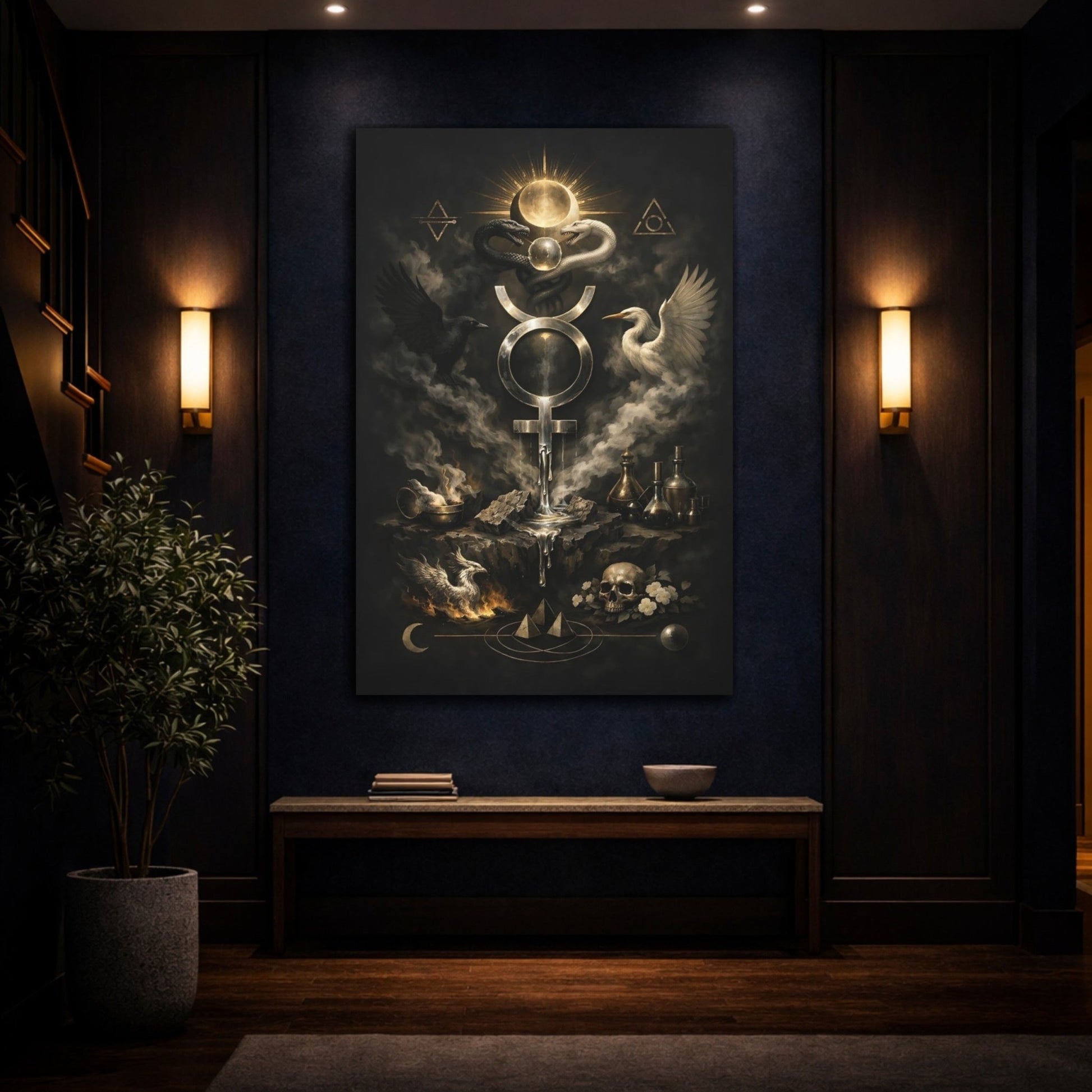 Religious Alchemical Symbol Black And Gold Alchemy - Canvas Wall Art Print - YesArtYes