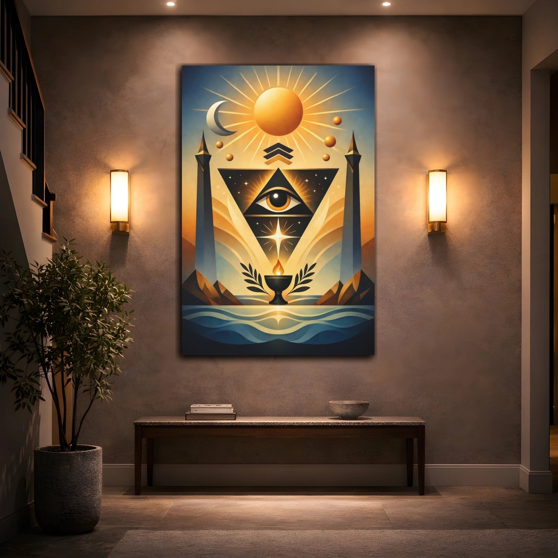 Religious All-Seeing Eye Gold And Blue Esoteric - Canvas Wall Art Print - YesArtYes