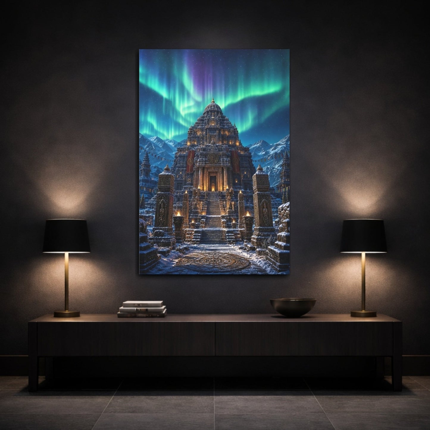 Religious Ancient Temple Aurora Scene Canvas Wall Art Print – Living Room Decor, Above Console Table - YesArtYes