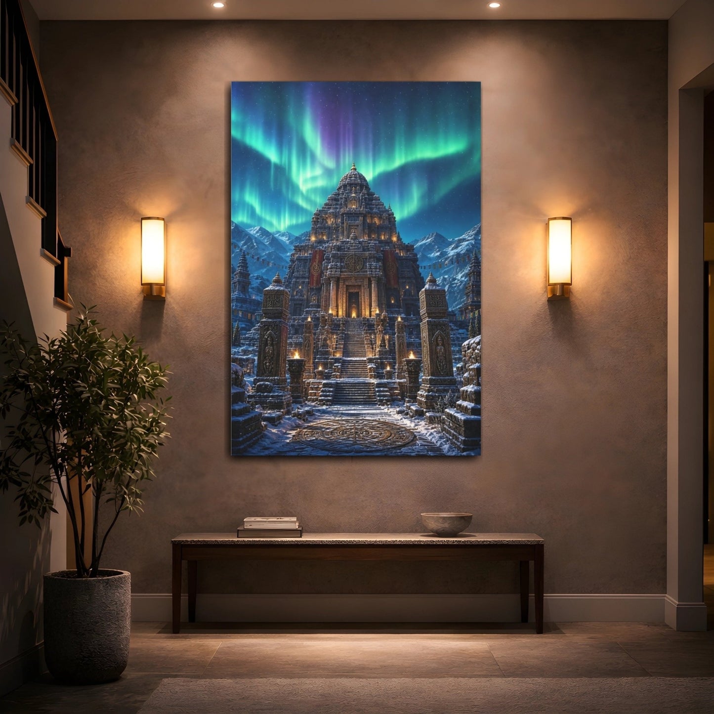Religious Ancient Temple Aurora Scene Canvas Wall Art Print – Living Room Decor, Above Console Table - YesArtYes