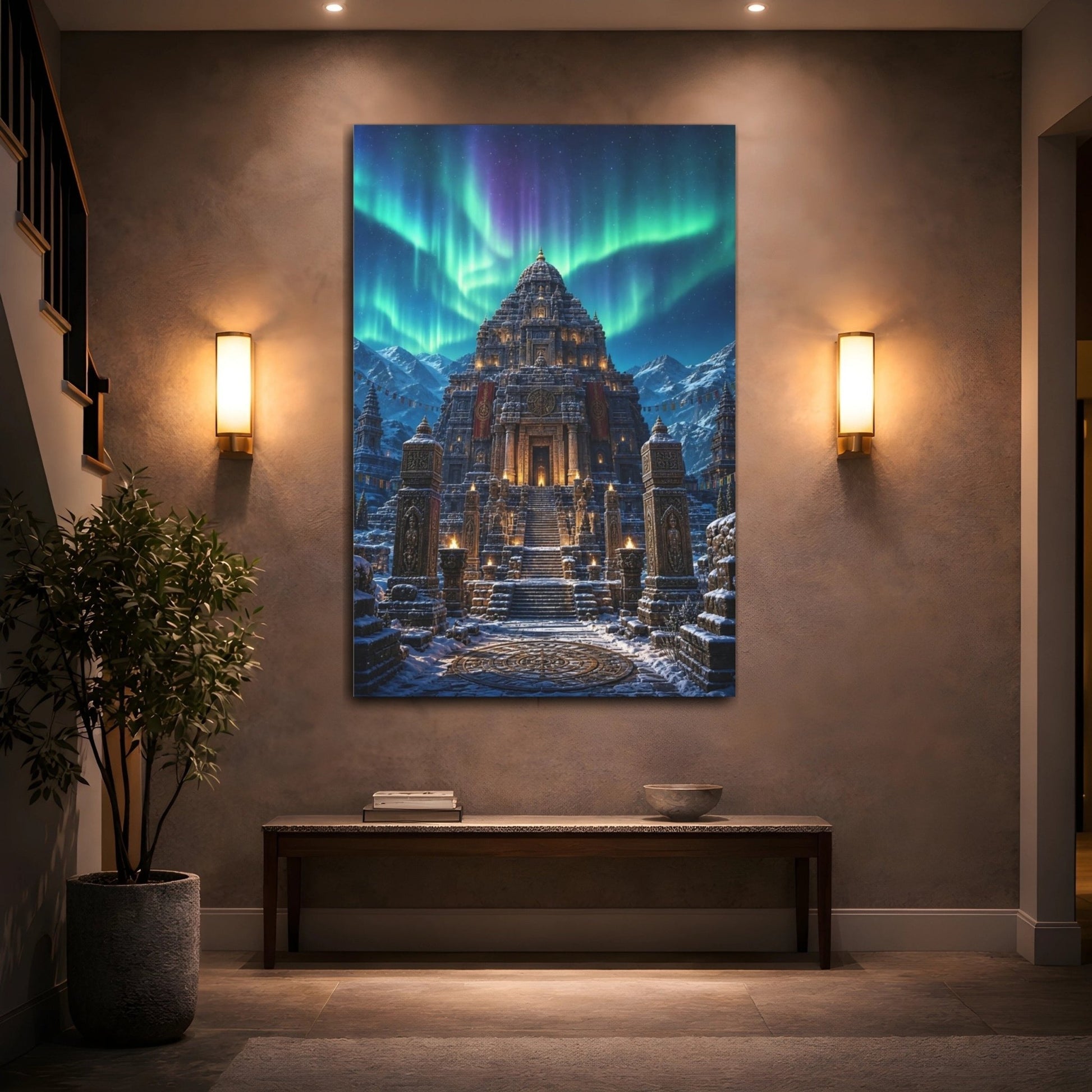 Religious Ancient Temple Aurora Scene Canvas Wall Art Print – Living Room Decor, Above Console Table - YesArtYes