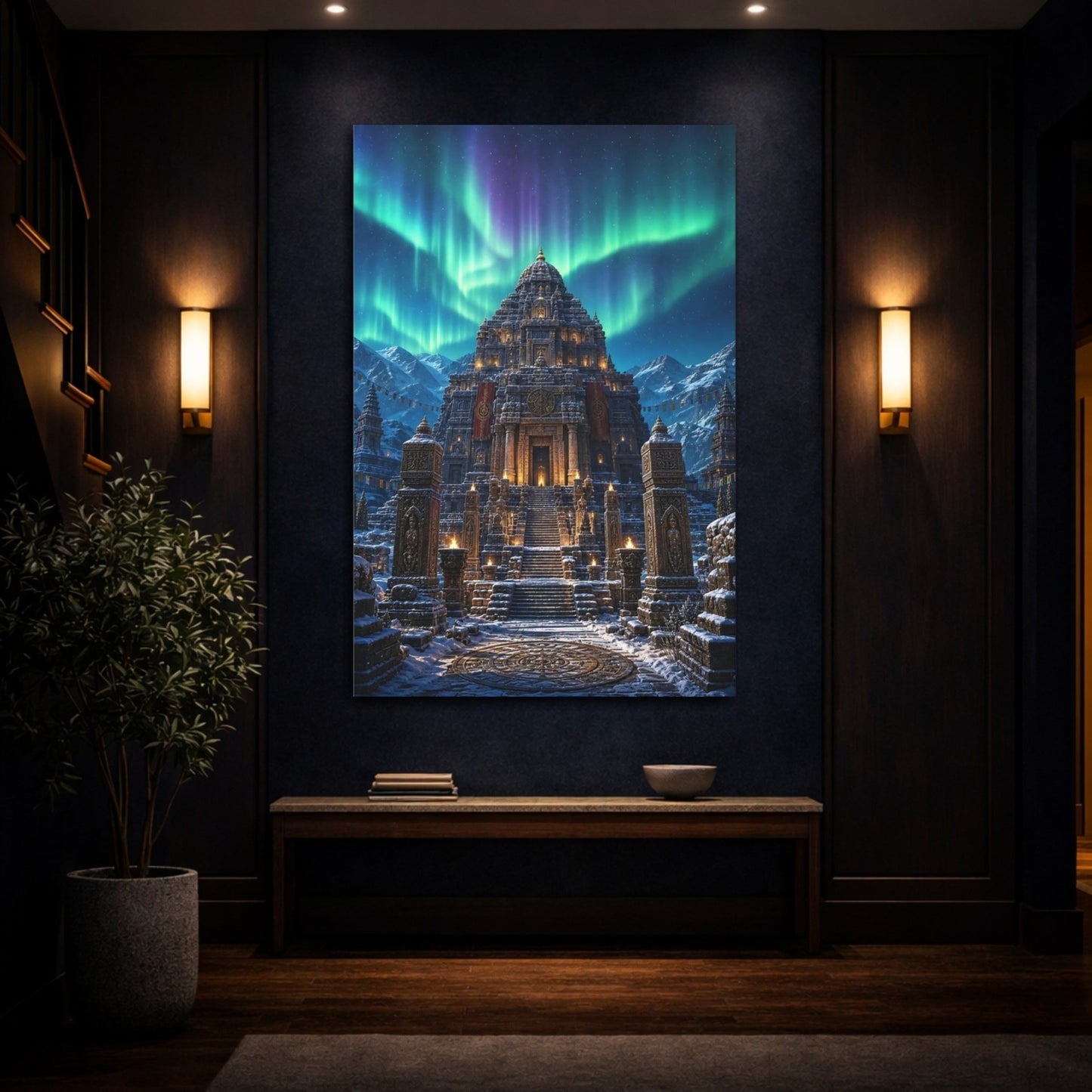 Religious Ancient Temple Aurora Scene Canvas Wall Art Print – Living Room Decor, Above Console Table - YesArtYes