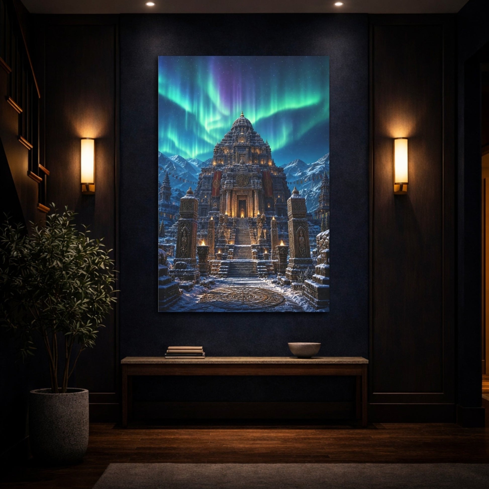 Religious Ancient Temple Aurora Scene Canvas Wall Art Print – Living Room Decor, Above Console Table - YesArtYes