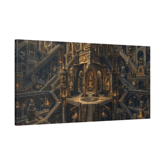 Main Mockup. Religious Ancient Temple Brown Gold shown as stretched canvas wall art