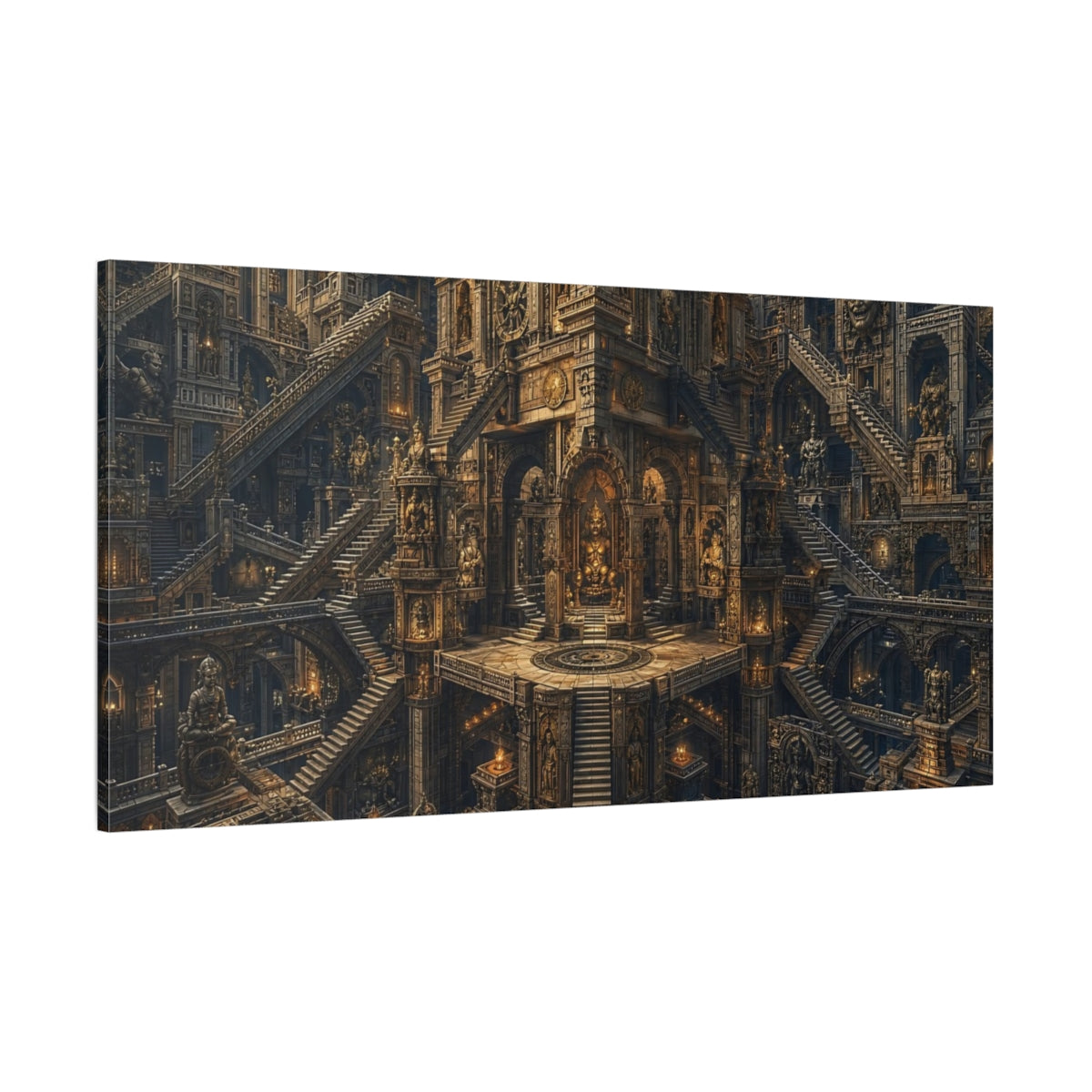 Side Mockup 2. Religious Ancient Temple Brown Gold shown as stretched canvas wall art