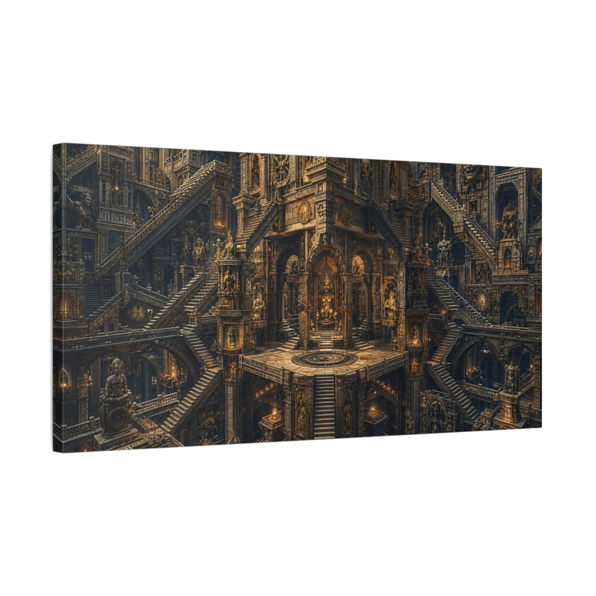 Side Mockup 1. Religious Ancient Temple Brown Gold shown as stretched canvas wall art