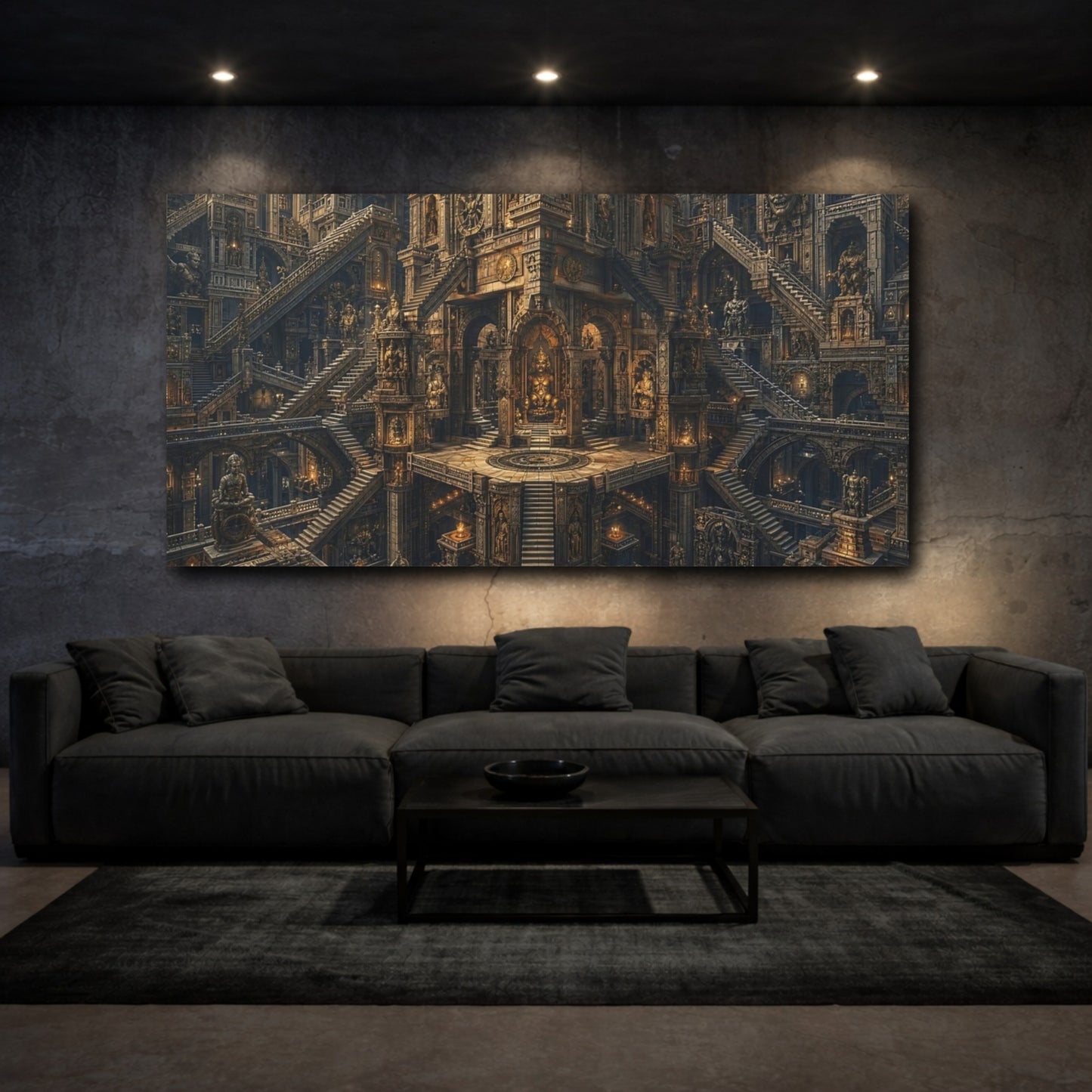 Mockup 2. Religious Ancient Temple Brown Gold shown as stretched canvas wall art