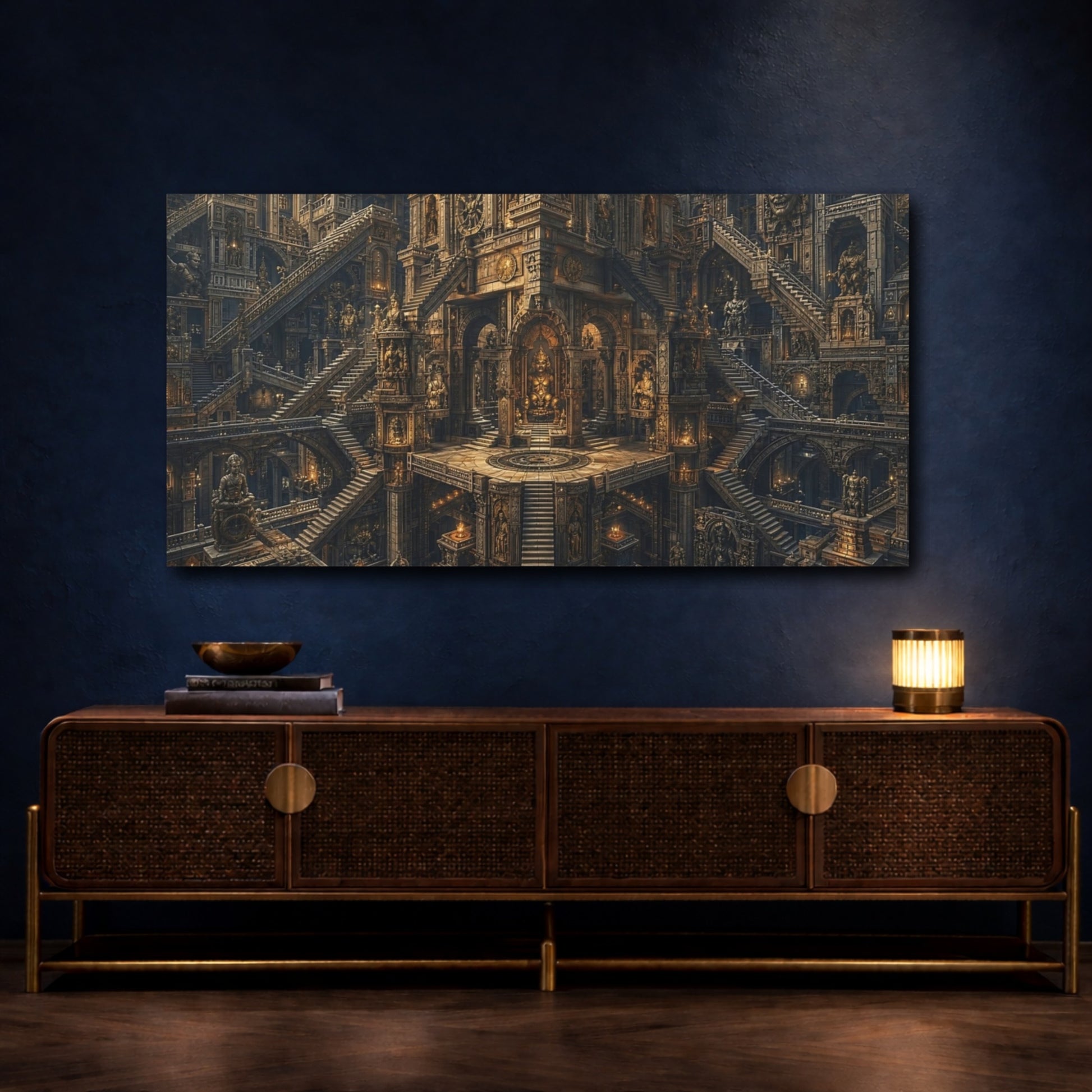 Mockup 3. Religious Ancient Temple Brown Gold shown as stretched canvas wall art