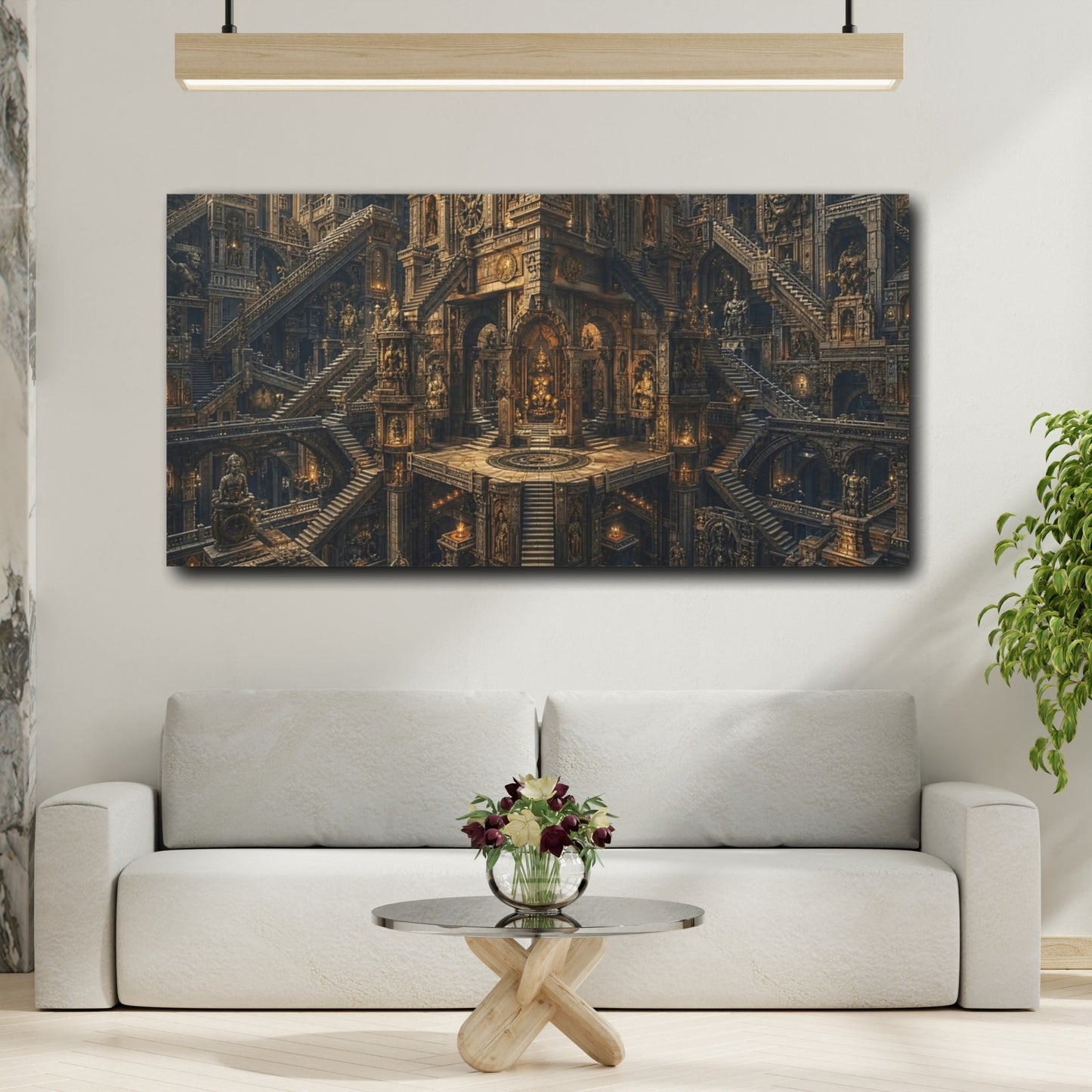 Mockup 4. Religious Ancient Temple Brown Gold shown as stretched canvas wall art