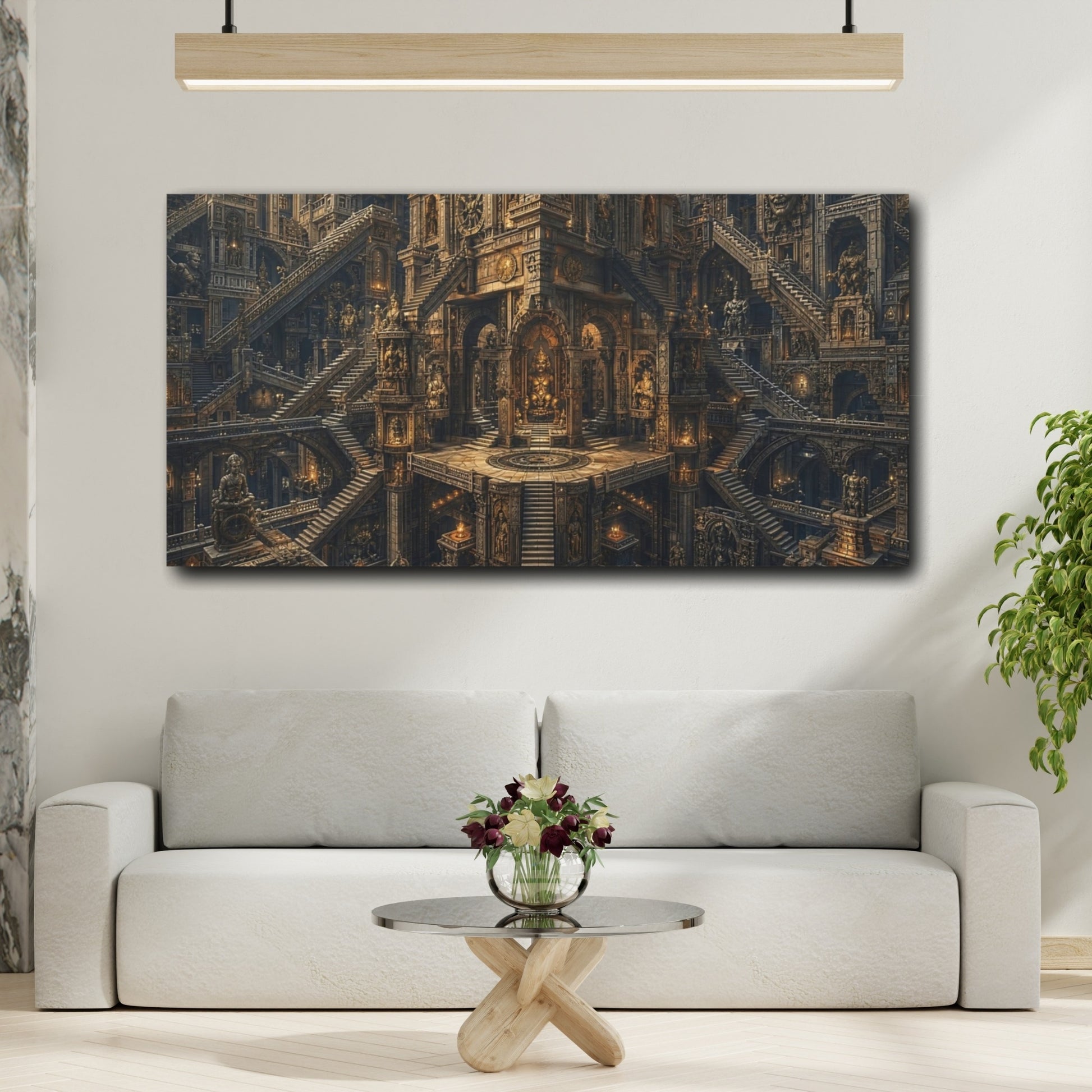 Mockup 4. Religious Ancient Temple Brown Gold shown as stretched canvas wall art