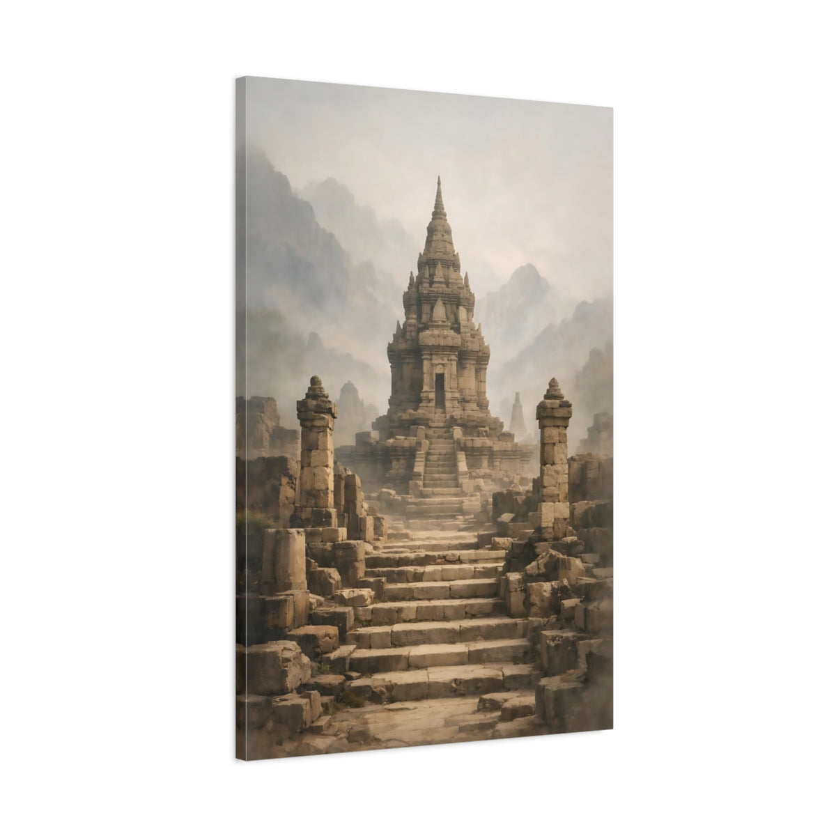 Side Mockup 1. Religious Ancient Temple Misty Stone Temple shown as stretched canvas wall art