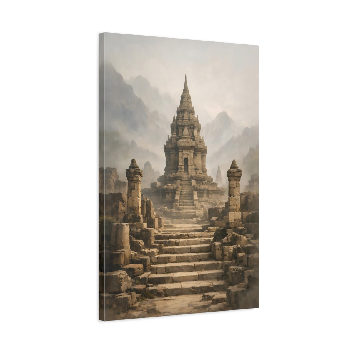 Side Mockup 2. Religious Ancient Temple Misty Stone Temple shown as stretched canvas wall art